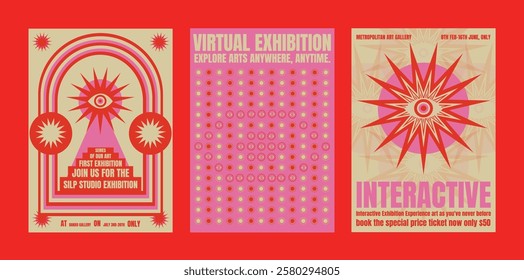 Colorful exhibition posters with bold text and starburst designs. Virtual exhibition, interactive experience, and art gallery themes in vibrant colors. Psychedelic retro poster template vectors.