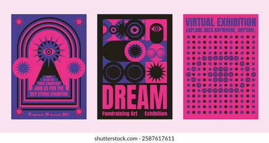 Colorful exhibition posters with bold text and abstract designs. Art exhibition theme with vibrant colors and eye-catching graphics. Psychedelic retro poster template vectors.