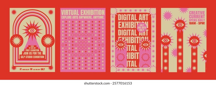 Colorful exhibition posters digital themes. Bold text and eye motifs. Vibrant exhibition designs. Digital art focus. Eye-catching exhibition graphics. Psychedelic retro poster template vectors.