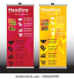 Colorful Exhibition pull up banner design with sample text and icons 