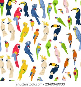 Colorful exotic birds vector seamless pattern on white. Exotic bird pattern. Tropical parrots mega collection