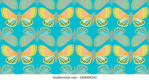 Colorful exotic butterfly pattern. Hand drawn butterfly in a row on turquoise backgpound. For fashion, fabric, wallpaper, packaging design, stationary.
