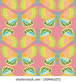 Colorful exotic butterfly pattern. Hand drawn butterfly in a row on pink backgpound. For fashion, fabric, wallpaper, packaging design, stationary.