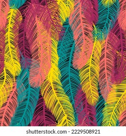 Colorful exotic feathers seamless pattern, surface design, background, backdrop. Hand drawn vector illustration. Realistic style. Concept for fashion, textile, fabric, wallpaper, packaging print.