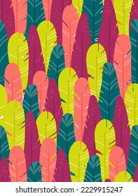 Colorful exotic feathers seamless pattern, surface design, background, backdrop. Hand drawn vector illustration. Flat style. Concept for fashion, textile, fabric, wallpaper, packaging print.