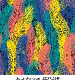 Colorful exotic feathers seamless pattern, surface design, background, backdrop. Hand drawn vector illustration. Realistic style. Concept for fashion, textile, fabric, wallpaper, packaging print.