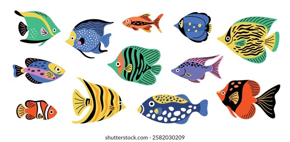 Colorful exotic fish. Marine animals. Underwater wildlife. Tropical sea water inhabitants. Bright aquarium goldfish. Swimming cartoon angelfish. Undersea clownfish