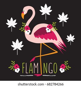 Colorful exotic flamingo with flowers and leaves on black background