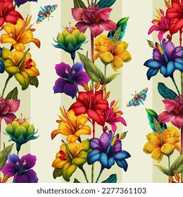 Colorful exotic flowers and butterflies separated on a light green background. Seamless vector illustration.