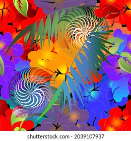 Colorful exotic flowers seamless pattern. Palm leaves tropical background. Repeat vector backdrop. Bright floral ornaments. Abstract shapes, fractals, spirals, branches, plants. Ornate modern design.