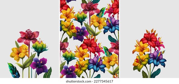 Colorful exotic flowers separated on a light background. Vector illustration set.