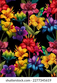 Colorful exotic flowers separated on a black background. Seamless vector illustration.