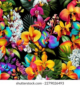 Colorful exotic flowers separated on a black background. Seamless vector illustration.