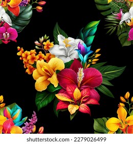 Colorful exotic flowers separated on a black background. Seamless vector illustration.