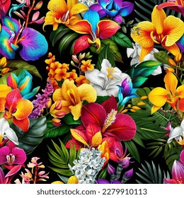 Colorful exotic flowers separated on a black background. Seamless vector illustration.