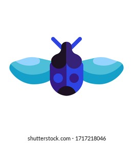 Colorful exotic flying bug flat design minimalist icon. Blue tropical beetle logo template. Unusual insect with antennae and legs isolated on white background.