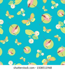 Colorful exotic jungle flamingo pastel seamless summer pattern. Boanical leaf and flamingo bird in pastel green and pink tones. For fashion, fabric, wallpaper, packaging design, stationary.