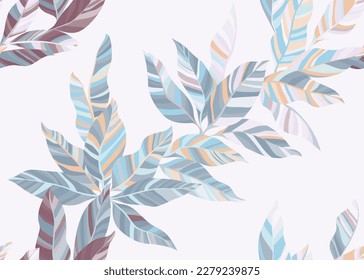 Colorful exotic leafage endless pattern vector. Modern floral summer dress cloth print. Paradise tree branch leaves seamless pattern. Stripes texture plant leaves.