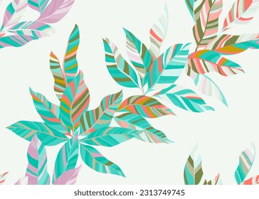 Colorful exotic leafage repeat pattern design. Simple organic spring fashion textile print. Paradise tree branch leaves endless pattern. Exotic flora elements.