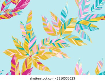 Colorful exotic leaves endless pattern vector. Artistic floral spring dress fabric print. Hawaiian shrub branch foliage seamless pattern. Tropical plant elements.