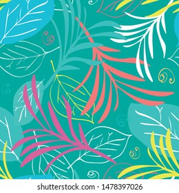 Colorful Exotic Leaves In Seamless Pattern On Green Background