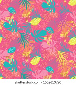 Colorful Exotic Leaves In Seamless Surface Pattern On Neon Pink Background. Vivid Colors Flat Design.