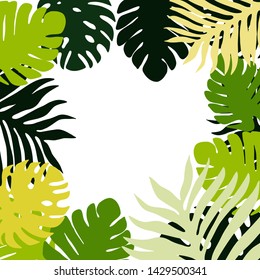 Colorful exotic leaves template. Tropical decoration frame. For greeting, invitation card. Botanical vector illustration