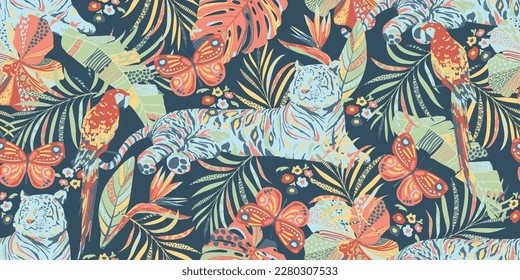 Colorful exotic seamless pattern, wallpaper, fabric print design. Tropical leaves, flowers, tiger, parrot, butterfly abstract endless background. 