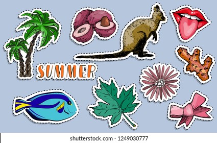 Colorful exotic stickers set. Paradise summer holiday concept. Vector illustration