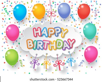 Colorful explode confetti, balloons and ribbons with "Happy birthday" banner and gift boxes on white background. Confetti for birthday party background. 
