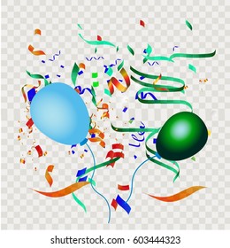Colorful explode confetti with balloons and ribbons on transparent square background use for birthday,carnival,celebration,anniversary and holiday party texture.Vector illustration eps10.