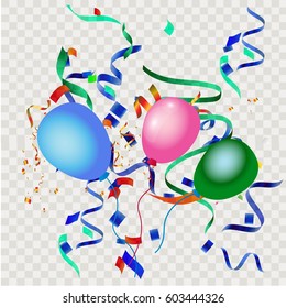 Colorful explode confetti with balloons and ribbons on transparent square background use for birthday,carnival,celebration,anniversary and holiday party texture.Vector illustration eps10.