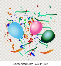 Colorful explode confetti with balloons and ribbons on transparent square background use for birthday,carnival,celebration,anniversary and holiday party texture.Vector illustration eps10.