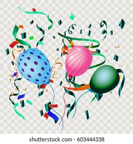 Colorful explode confetti with balloons and ribbons on transparent square background use for birthday,carnival,celebration,anniversary and holiday party texture.Vector illustration eps10.