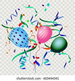 Colorful explode confetti with balloons and ribbons on transparent square background use for birthday,carnival,celebration,anniversary and holiday party texture.Vector illustration eps10.