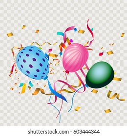 Colorful explode confetti with balloons and ribbons on transparent square background use for birthday,carnival,celebration,anniversary and holiday party texture.Vector illustration eps10.