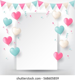 Colorful explode confetti with buntings, ribbons and love heart shape balloons on white paper background. Confetti for valentines, birthday, carnival, celebration, anniversary and holiday party.