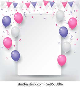 Colorful explode confetti with buntings, ribbons and balloons on white paper background. Confetti for valentines, birthday, carnival, celebration, anniversary and holiday party background.