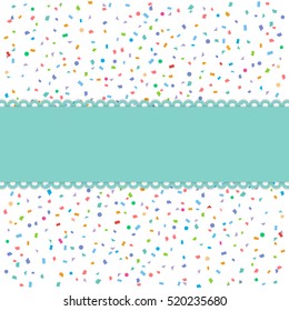 Colorful explode confetti with green banner on white background. Confetti for birthday, carnival, celebration, anniversary and holiday party background. 