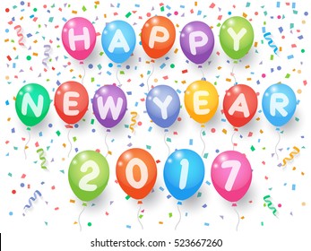 Colorful explode confetti with "happy New Year 2017" balloons and ribbons on white background. Confetti for new year holiday party background.