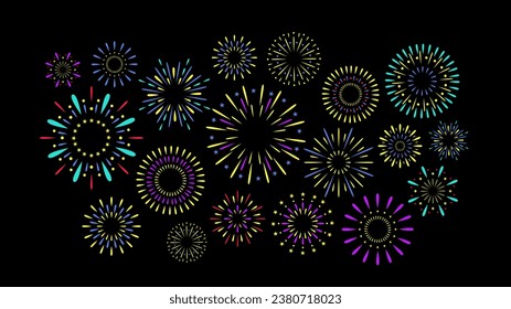 Colorful exploding festival fireworks set, Isolated on black background. Flat cartoon style. Design concept for holiday banner, poster, flyer, greeting card, decorative elements 