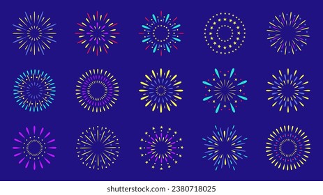 Colorful exploding festival fireworks set, Isolated on purple background. Flat cartoon style. Design concept for holiday banner, poster, flyer, greeting card, decorative elements 