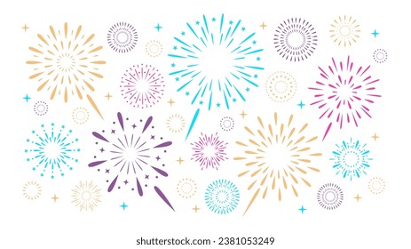 Colorful exploding festival fireworks set, Isolated on white background. Flat cartoon style. Design concept for holiday banner, poster, flyer, greeting card, decorative elements 