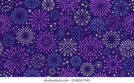 Padrão colorido de fogos de artifício vetorial do festival, isolado no fundo roxo. Estilo de Desenho Animado de Textura Sem Costura Plana. Design conceitual para banner de feriado web, cartazes, panfletos, cartões de saudação