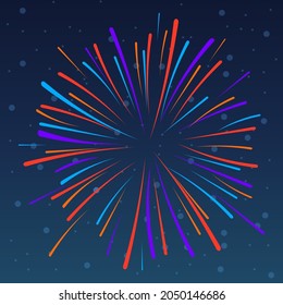 Colorful exploding firework isolated on night sky background. Festive firework salute burst. Template design for holiday, christmas, new year, anniversary. Firecracker background. Vector illustration