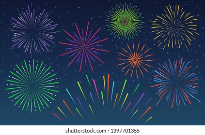 Colorful exploding fireworks isolated on night sky background. Festive firework salute burst. Template design for holiday, christmas, new year, anniversary. Firecracker background.