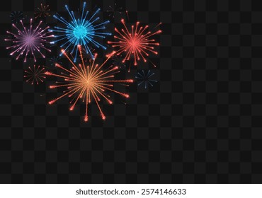 Colorful exploding fireworks in the sky - celebration card, festival banner. Vector