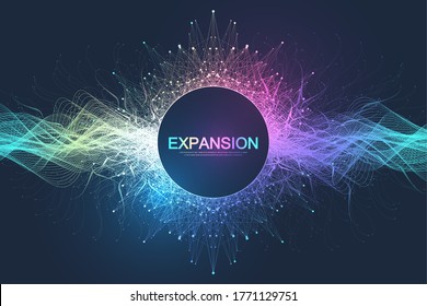 Colorful explosion background with connected line and dots, wave flow. Visualization expansion of life. Abstract graphic background explosion, motion burst. Expansion of life vector illustration