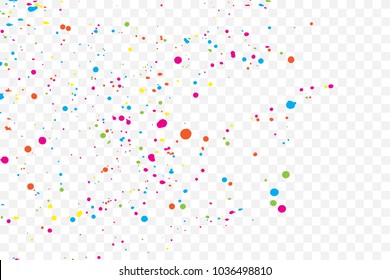 Colorful explosion of confetti. Colored glitter and sprinkles. Grainy abstract holiday illustration. Isolated on transparent background. Multi colored texture. Vector.