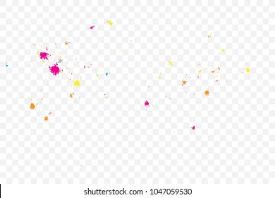 Colorful explosion of confetti. Colored glitter and sprinkles. Grainy abstract holiday illustration. Isolated on transparent background. Multi colored texture. Vector.